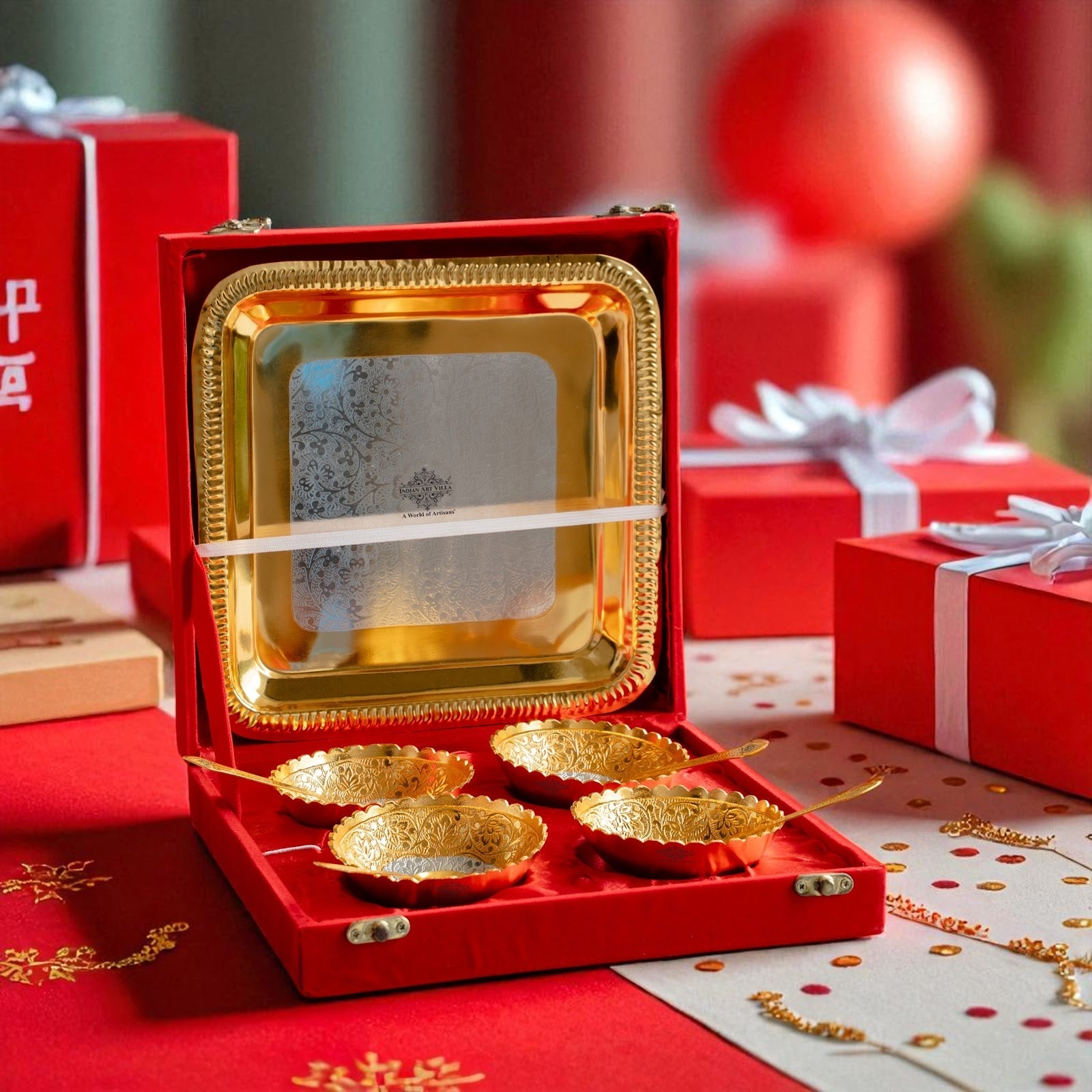 Silver Plated Gold Polished Embossed Flower Design Bowl Set With 4 Spoons & 1 Tray, Service For 4, Festive Gifts