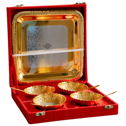 Silver Plated Gold Polished Embossed Flower Design Bowl Set With 4 Spoons & 1 Tray, Service For 4, Festive Gifts