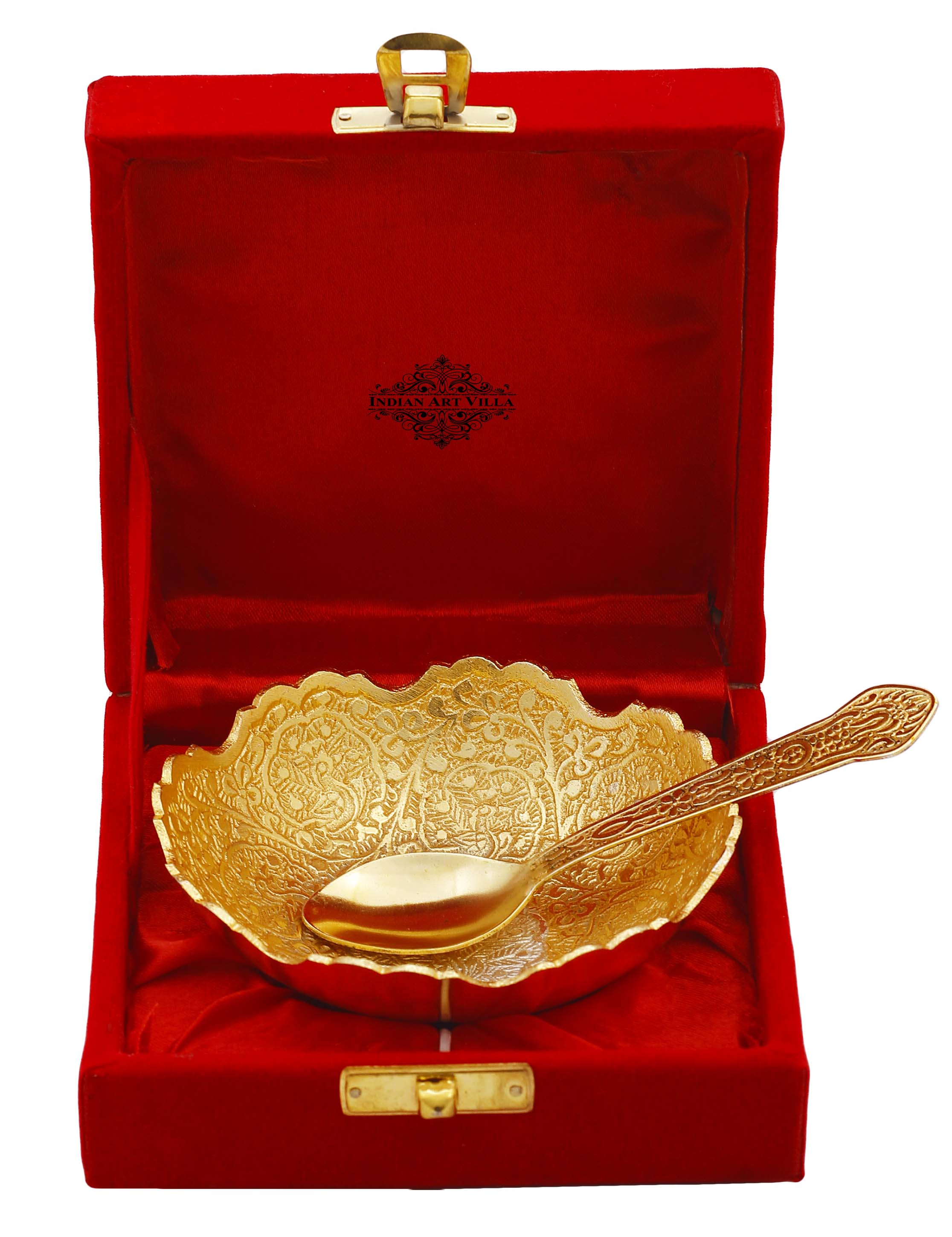 Silver Plated Bowl with Gold Finish | Intricately Embossed Floral Design | Premium Gifting Set with Spoon & Velvet Box