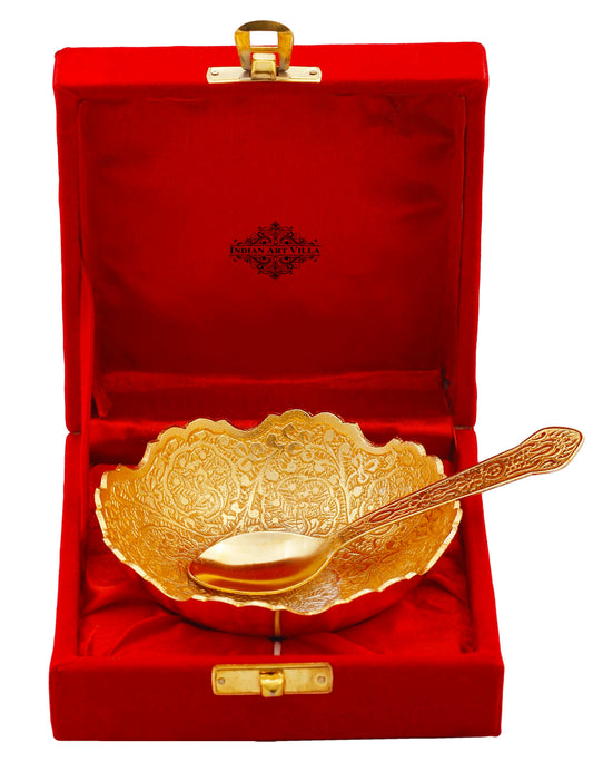 Silver Plated Bowl with Gold Finish | Intricately Embossed Floral Design | Premium Gifting Set with Spoon & Velvet Box