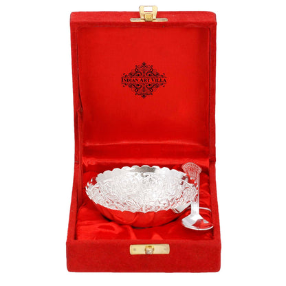 Pure Silver Plated Flower Design Bowl And Spoon With Gift Box Festive Gifts
