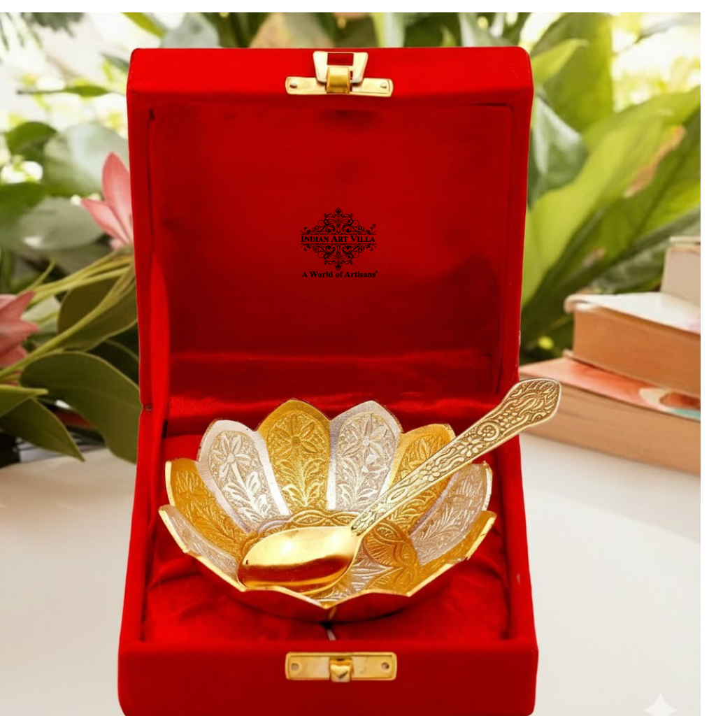 Pure Silver Plated & Gold Polished Lotus Design Bowl With Spoon, Diwali Festive Gifts Item, Set of 2