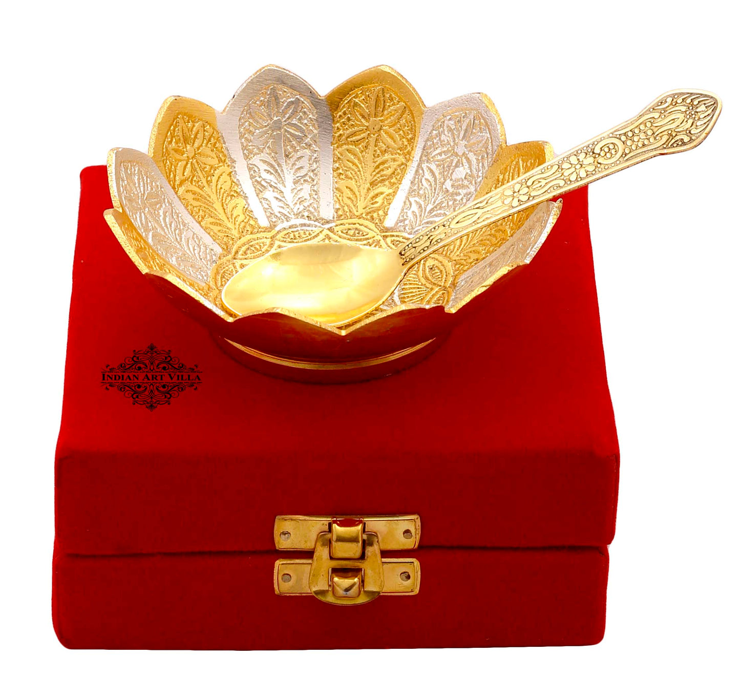 Pure Silver Plated & Gold Polished Lotus Design Bowl With Spoon, Diwali Festive Gifts Item, Set of 2