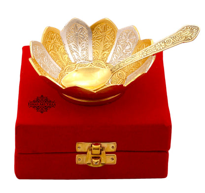 Pure Silver Plated & Gold Polished Lotus Design Bowl With Spoon, Diwali Festive Gifts Item, Set of 2