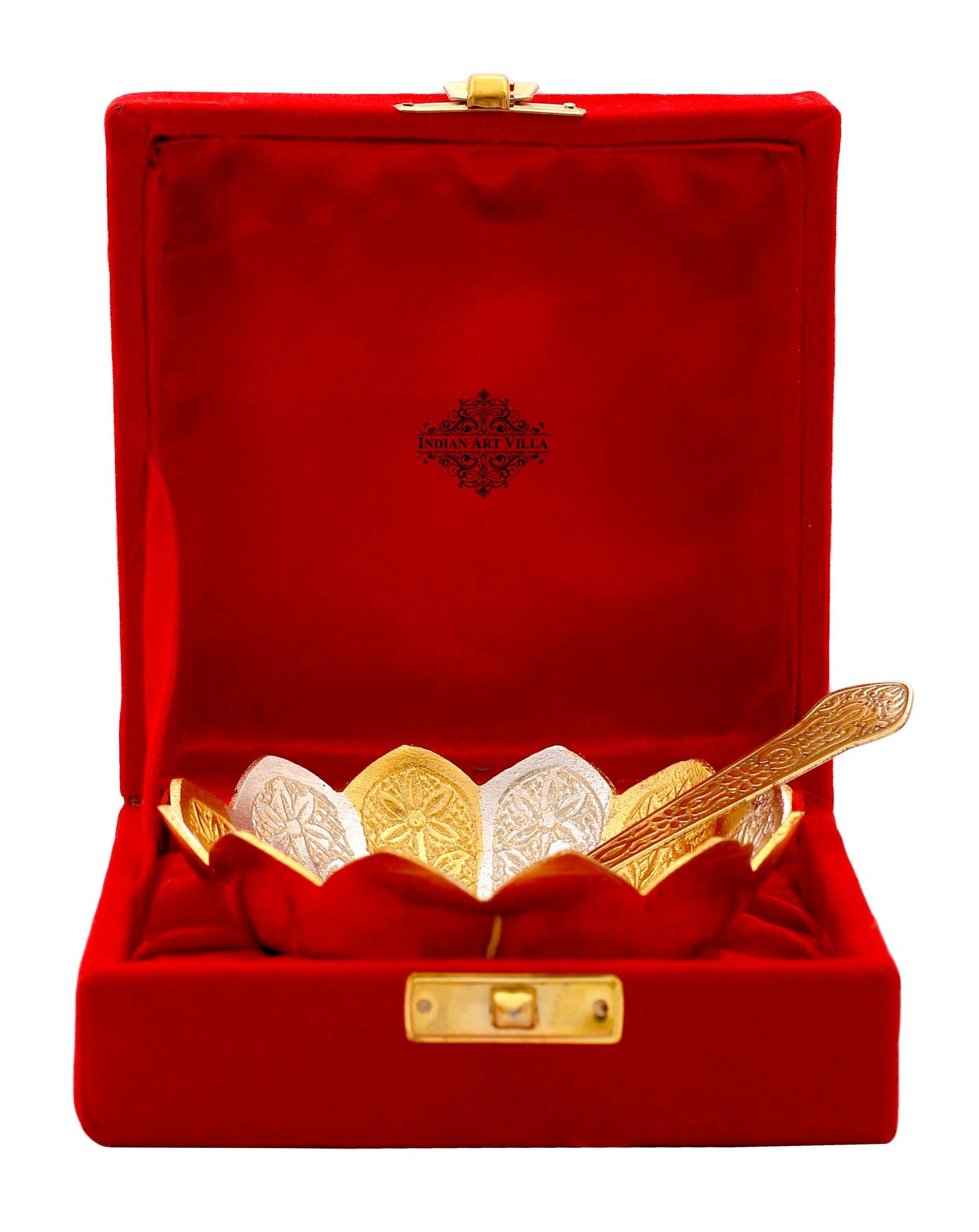 Pure Silver Plated & Gold Polished Lotus Design Bowl With Spoon, Diwali Festive Gifts Item, Set of 2