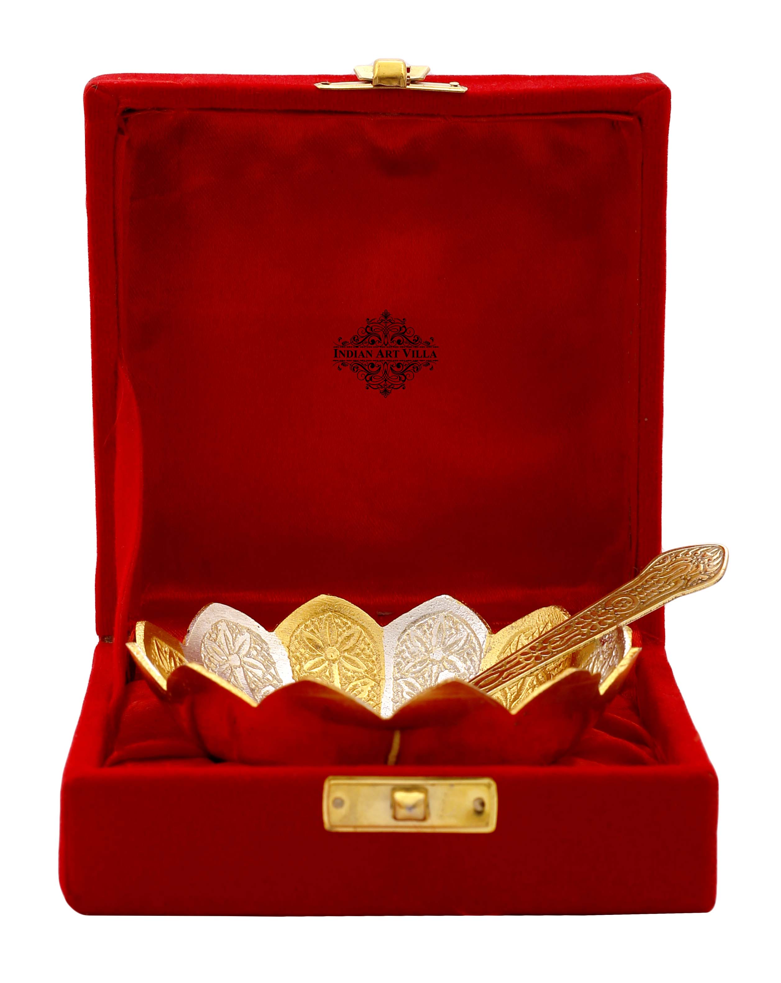 Pure Silver Plated & Gold Polished Lotus Design Bowl With Spoon, Diwali Festive Gifts Item, Set of 2