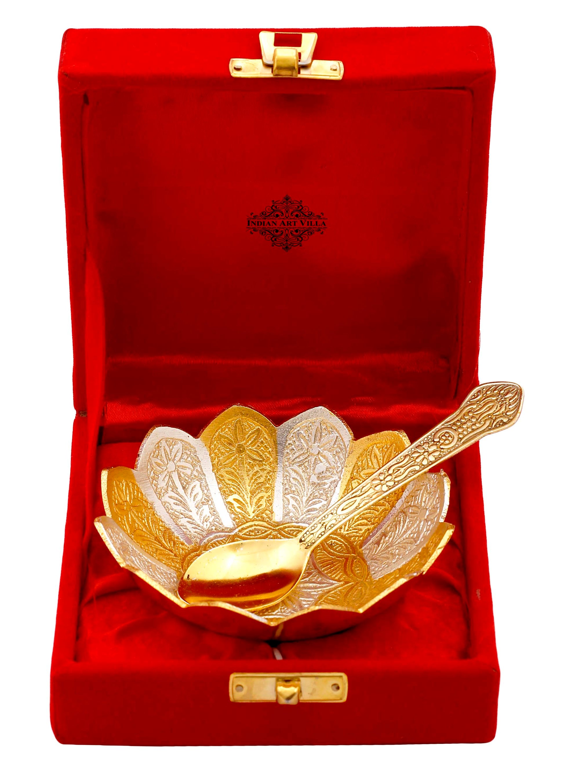 Pure Silver Plated & Gold Polished Lotus Design Bowl With Spoon, Diwali Festive Gifts Item, Set of 2