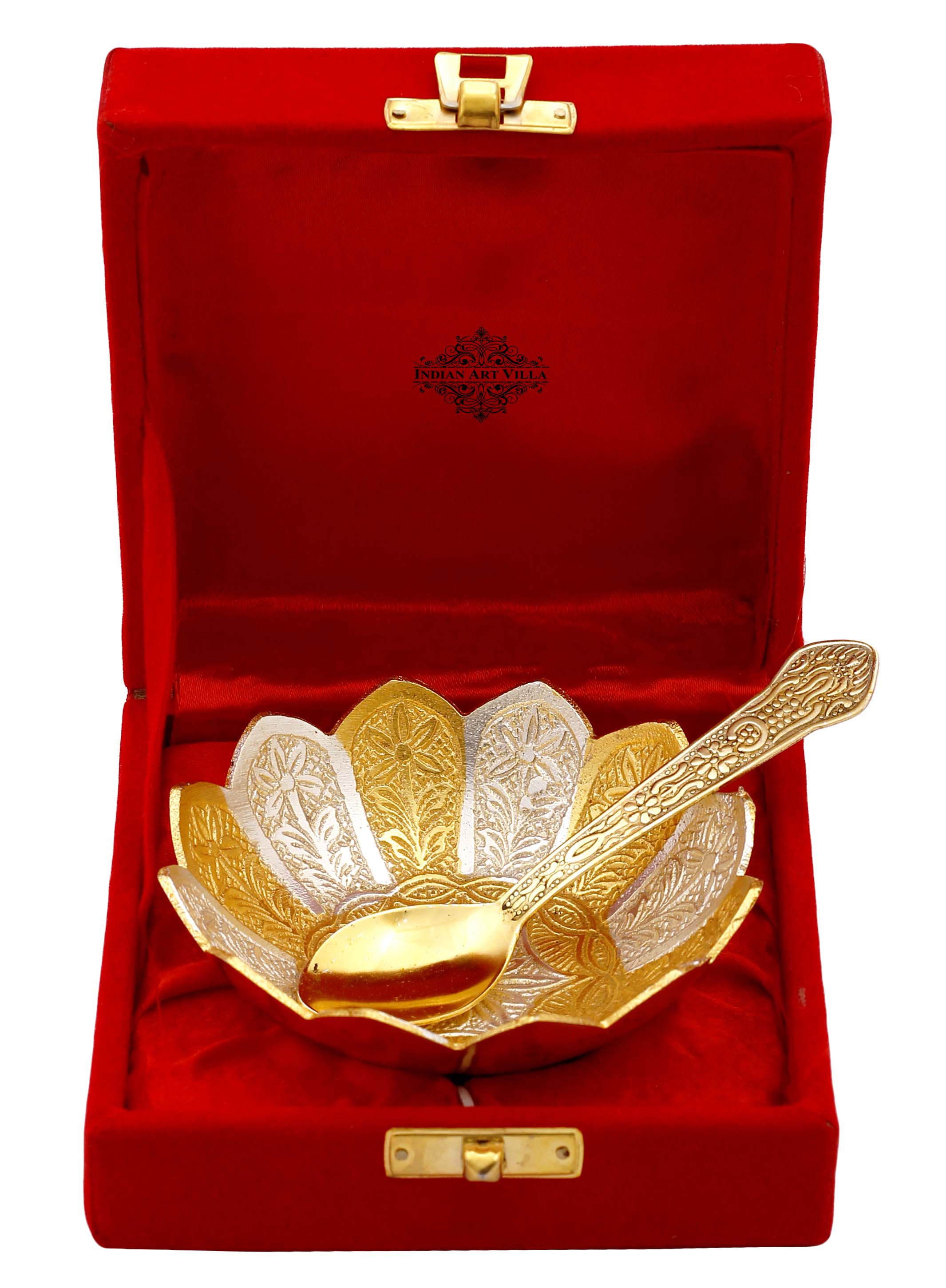 Pure Silver Plated & Gold Polished Lotus Design Bowl With Spoon, Diwali Festive Gifts Item, Set of 2