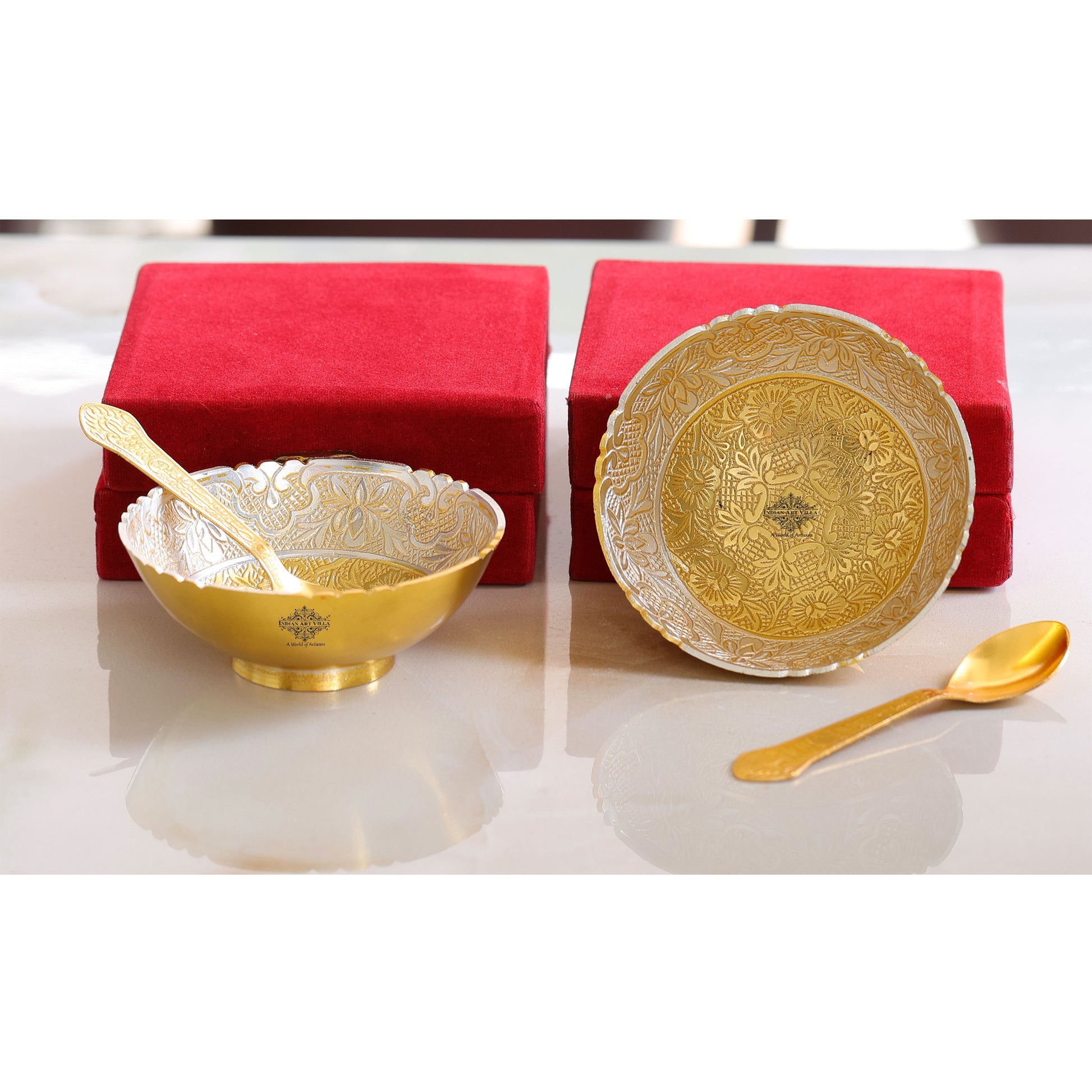 Silver Plated & Gold Polished Embossed Flower Design  Bowl With Spoon, Diwali Festive Gifts Item, Set of 2