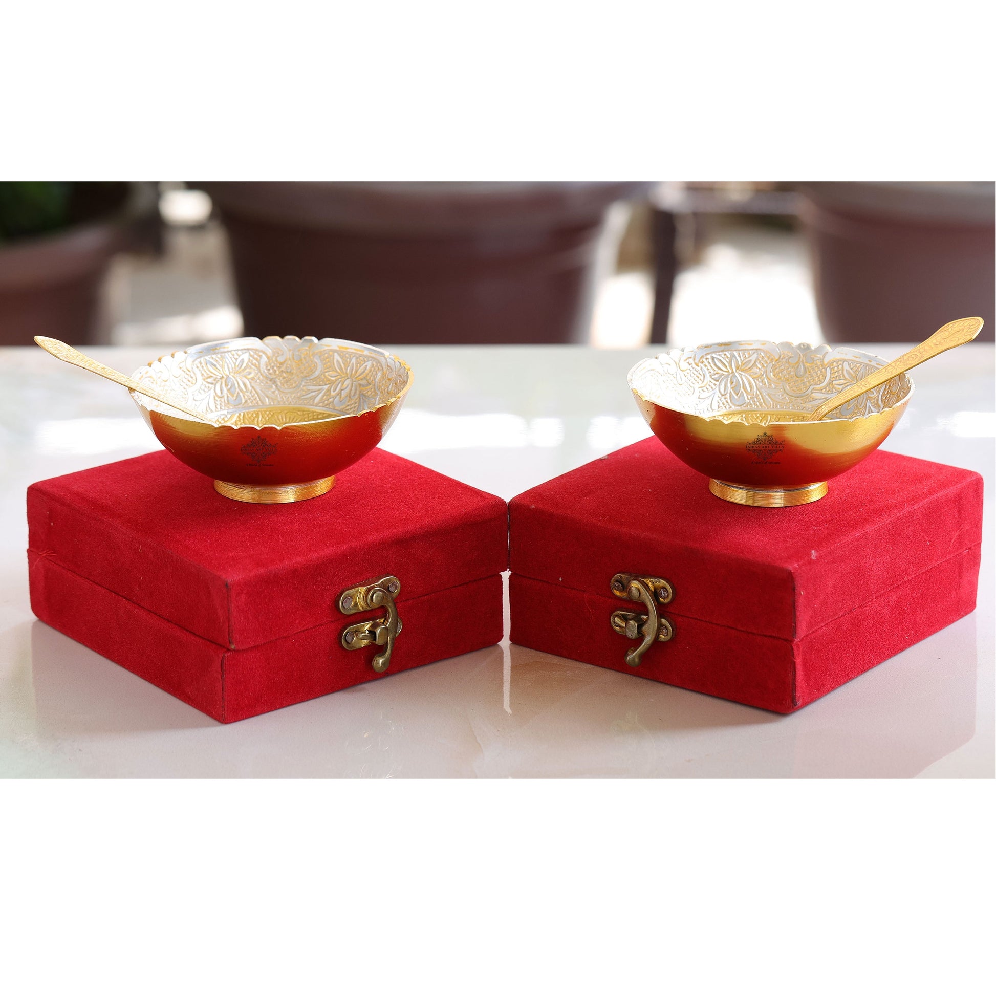 Silver Plated & Gold Polished Embossed Flower Design  Bowl With Spoon, Diwali Festive Gifts Item, Set of 2