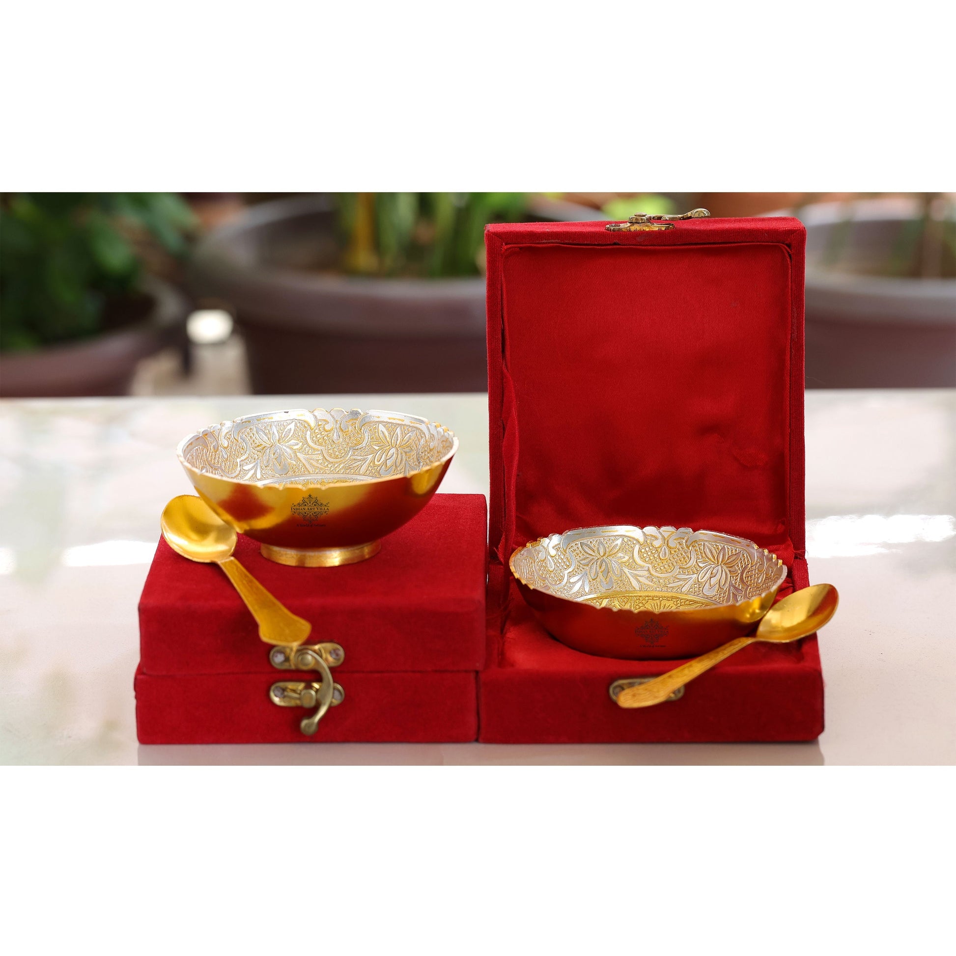 Silver Plated & Gold Polished Embossed Flower Design  Bowl With Spoon, Diwali Festive Gifts Item, Set of 2