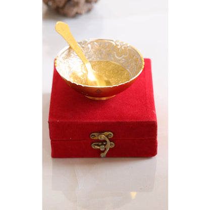 Silver Plated & Gold Polished Embossed Flower Design  Bowl With Spoon, Diwali Festive Gifts Item, Set of 2