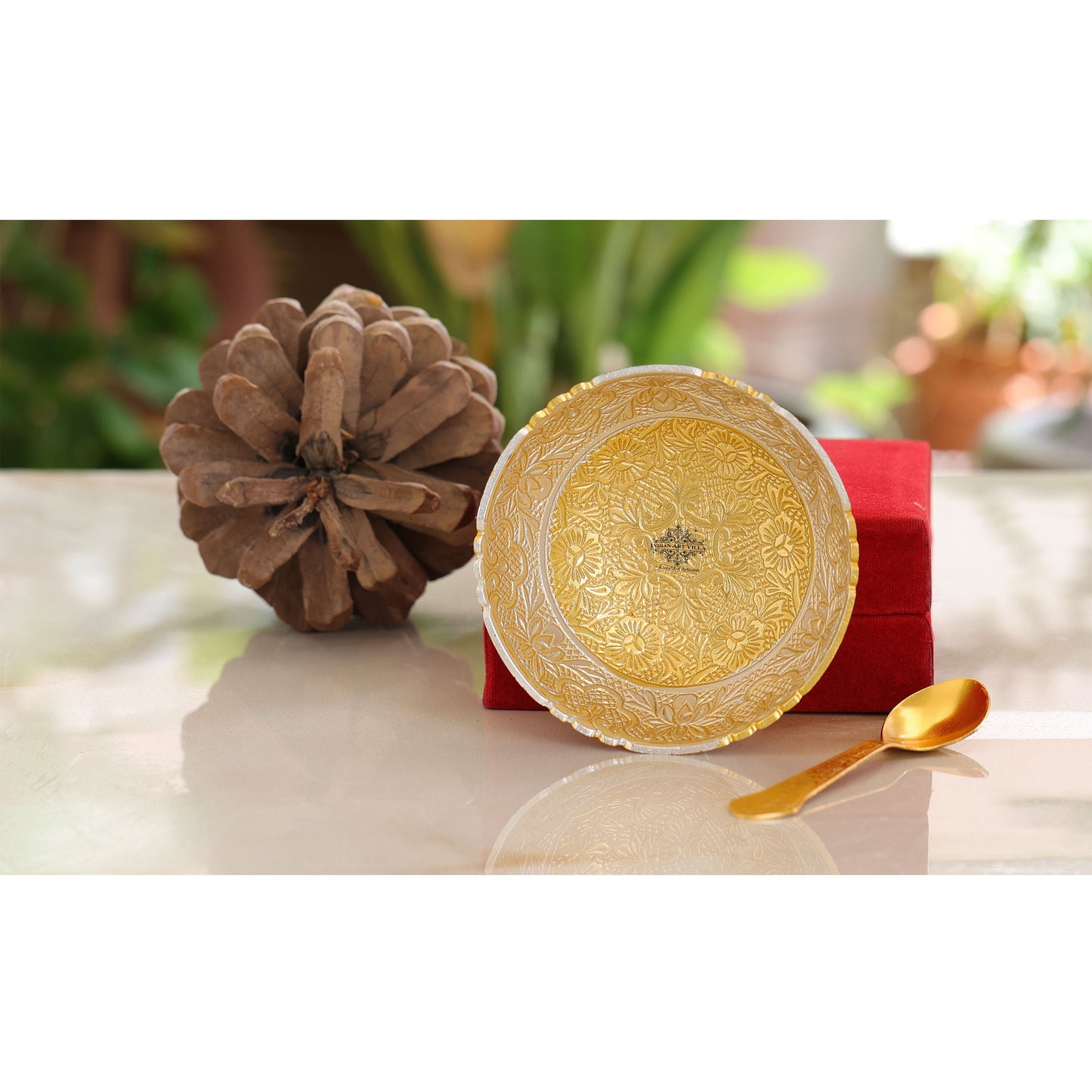 Silver Plated & Gold Polished Embossed Flower Design  Bowl With Spoon, Diwali Festive Gifts Item, Set of 2