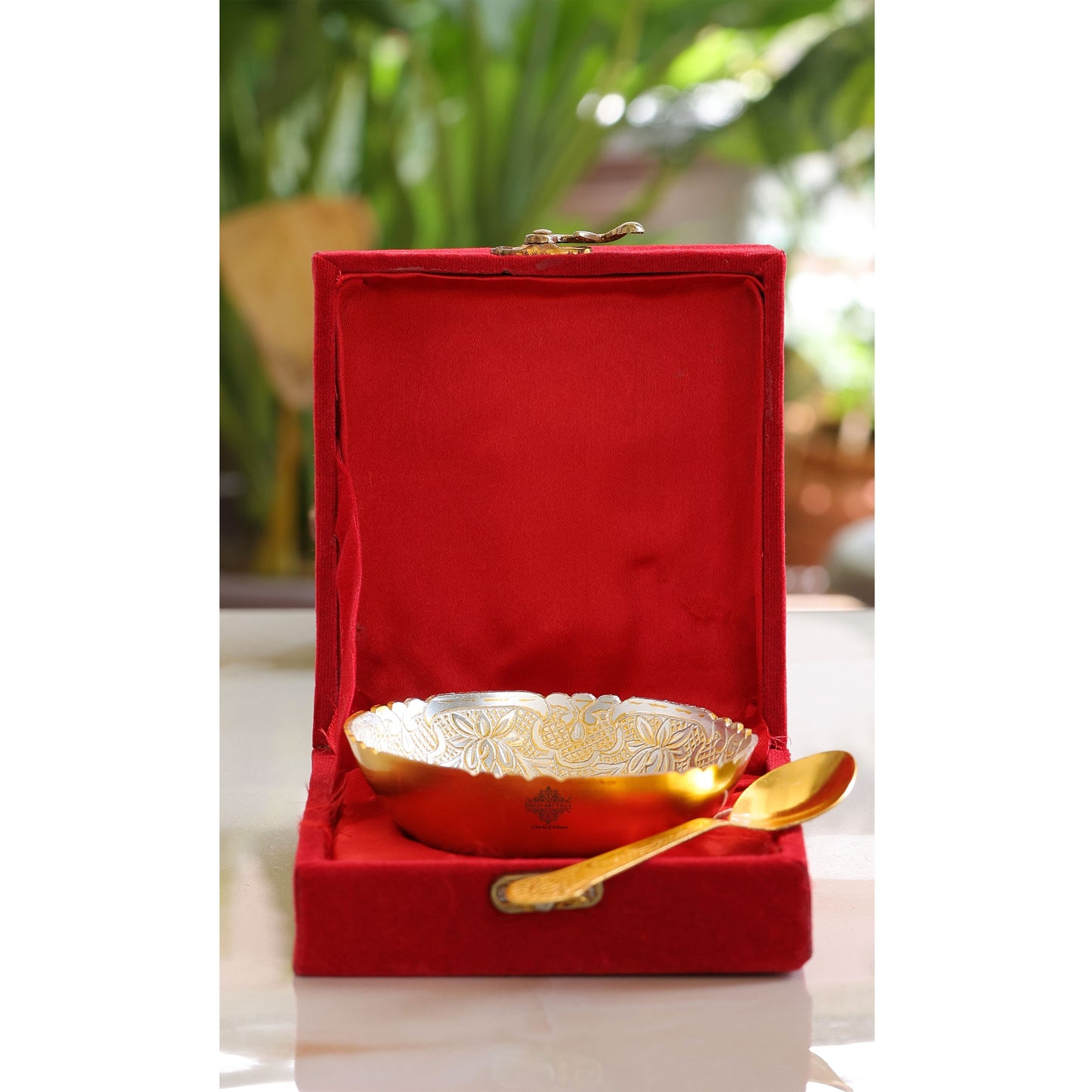 Silver Plated & Gold Polished Embossed Flower Design  Bowl With Spoon, Diwali Festive Gifts Item, Set of 2