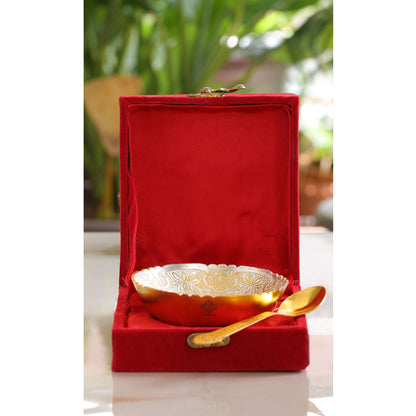 Silver Plated & Gold Polished Embossed Flower Design  Bowl With Spoon, Diwali Festive Gifts Item, Set of 2