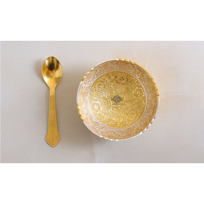 Silver Plated & Gold Polished Embossed Flower Design  Bowl With Spoon, Diwali Festive Gifts Item, Set of 2