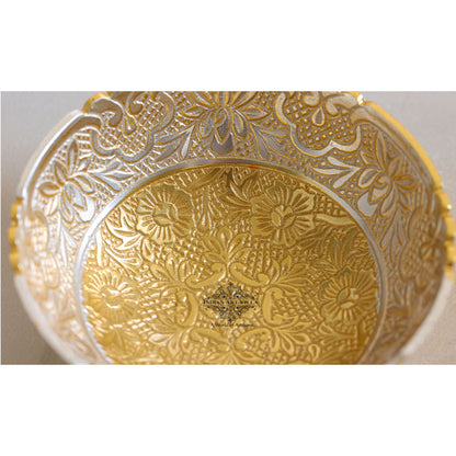 Silver Plated & Gold Polished Embossed Flower Design  Bowl With Spoon, Diwali Festive Gifts Item, Set of 2