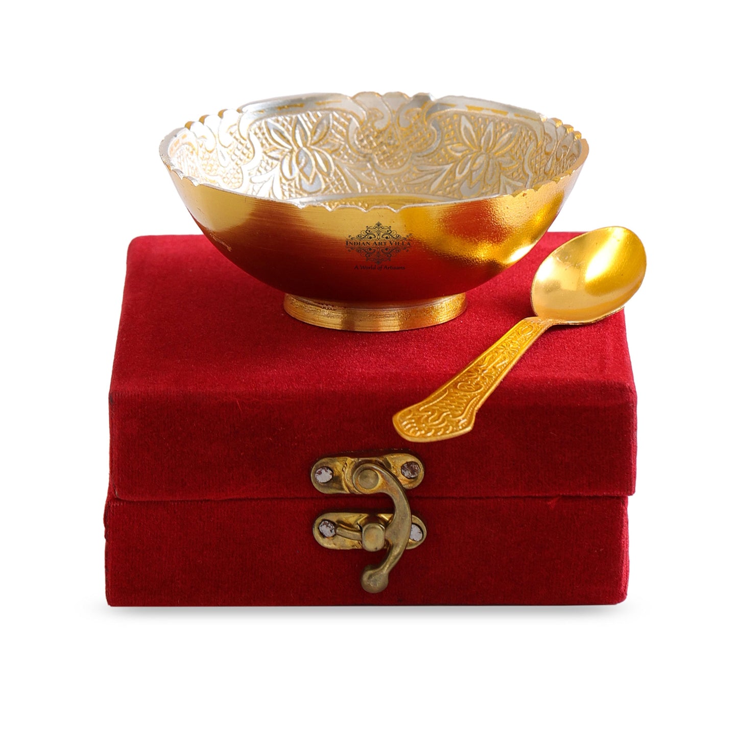 Silver Plated & Gold Polished Embossed Flower Design  Bowl With Spoon, Diwali Festive Gifts Item, Set of 2
