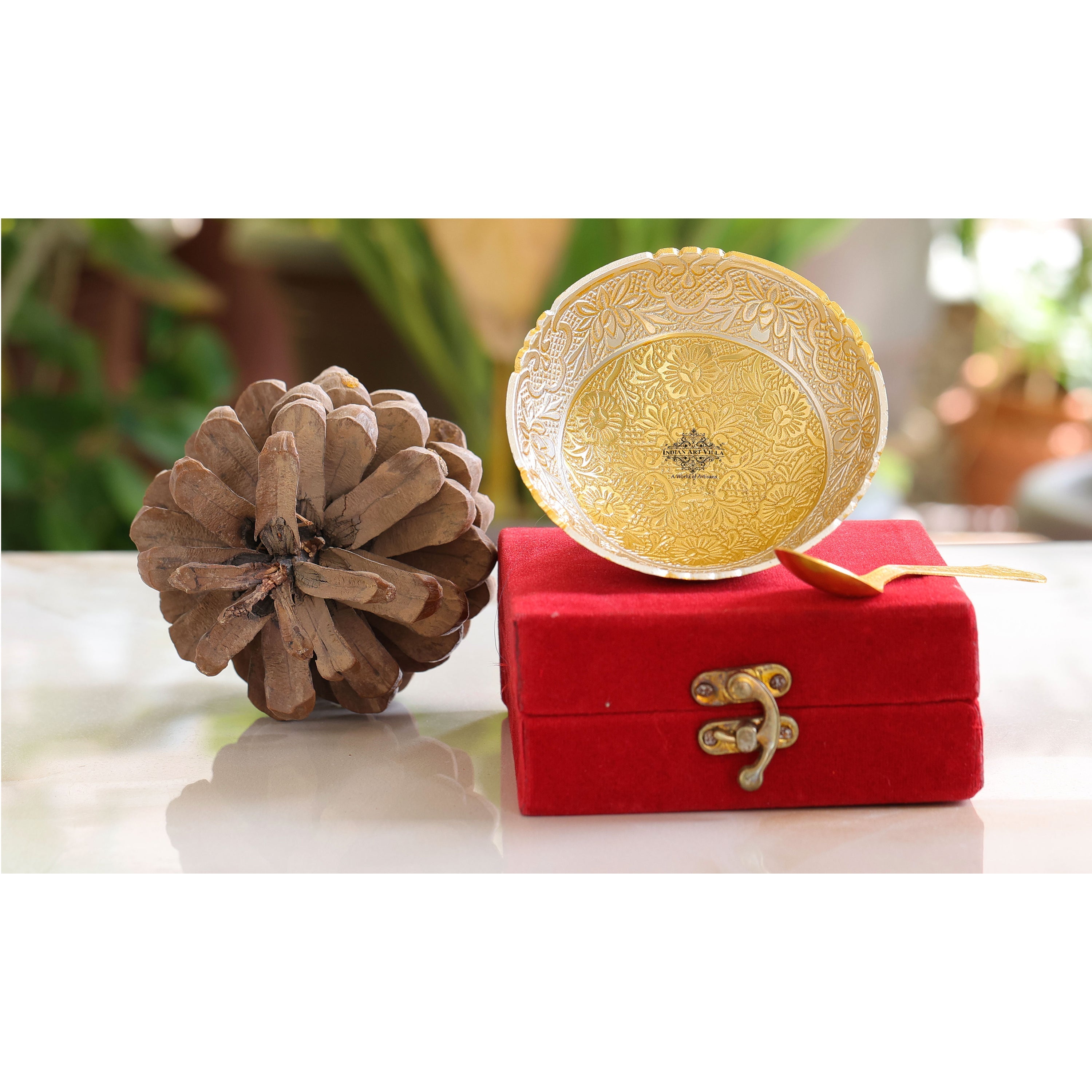 Silver Plated & Gold Polished Embossed Flower Design  Bowl With Spoon, Diwali Festive Gifts Item, Set of 2