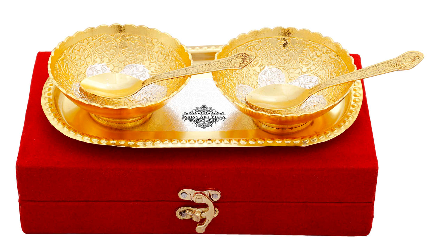 Pure Silver Plated Gold Polished Embossed Flower Design Set of 2 Bowl with 2 Spoon & 1 Tray, Diwali Festive Gifts Item