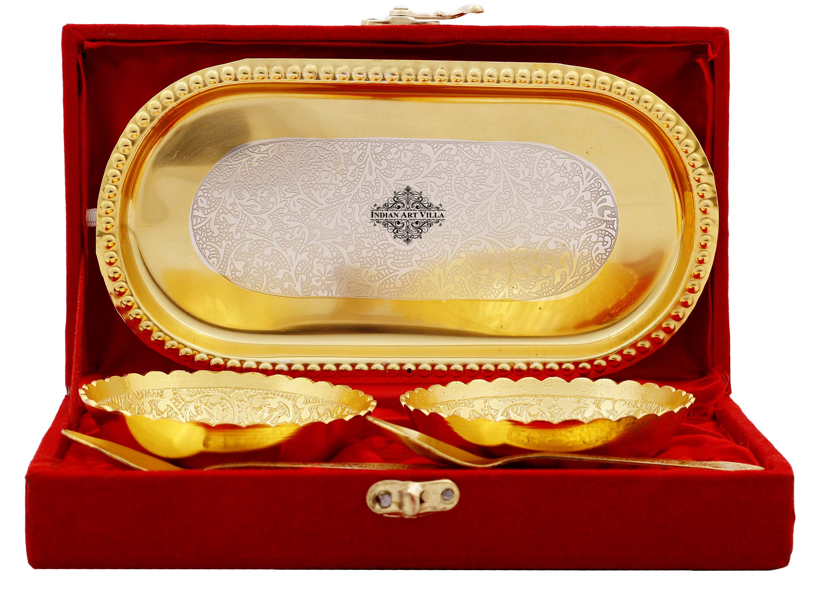 Pure Silver Plated Gold Polished Embossed Flower Design Set of 2 Bowl with 2 Spoon & 1 Tray, Diwali Festive Gifts Item
