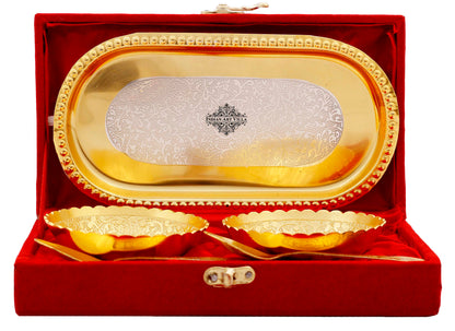 Pure Silver Plated Gold Polished Embossed Flower Design Set of 2 Bowl with 2 Spoon & 1 Tray, Diwali Festive Gifts Item
