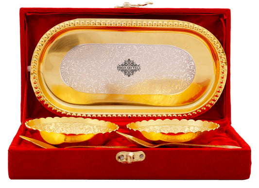 Pure Silver Plated Gold Polished Embossed Flower Design Set of 2 Bowl with 2 Spoon & 1 Tray, Diwali Festive Gifts Item