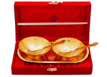 Pure Silver Plated Gold Polished Embossed Flower Design Set of 2 Bowl with 2 Spoon & 1 Tray, Diwali Festive Gifts Item
