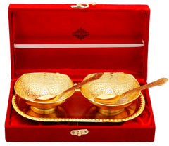 Pure Silver Gold Polished Embossed Flower Design Set of 2 Bowl with 2 Spoon & 1 Tray