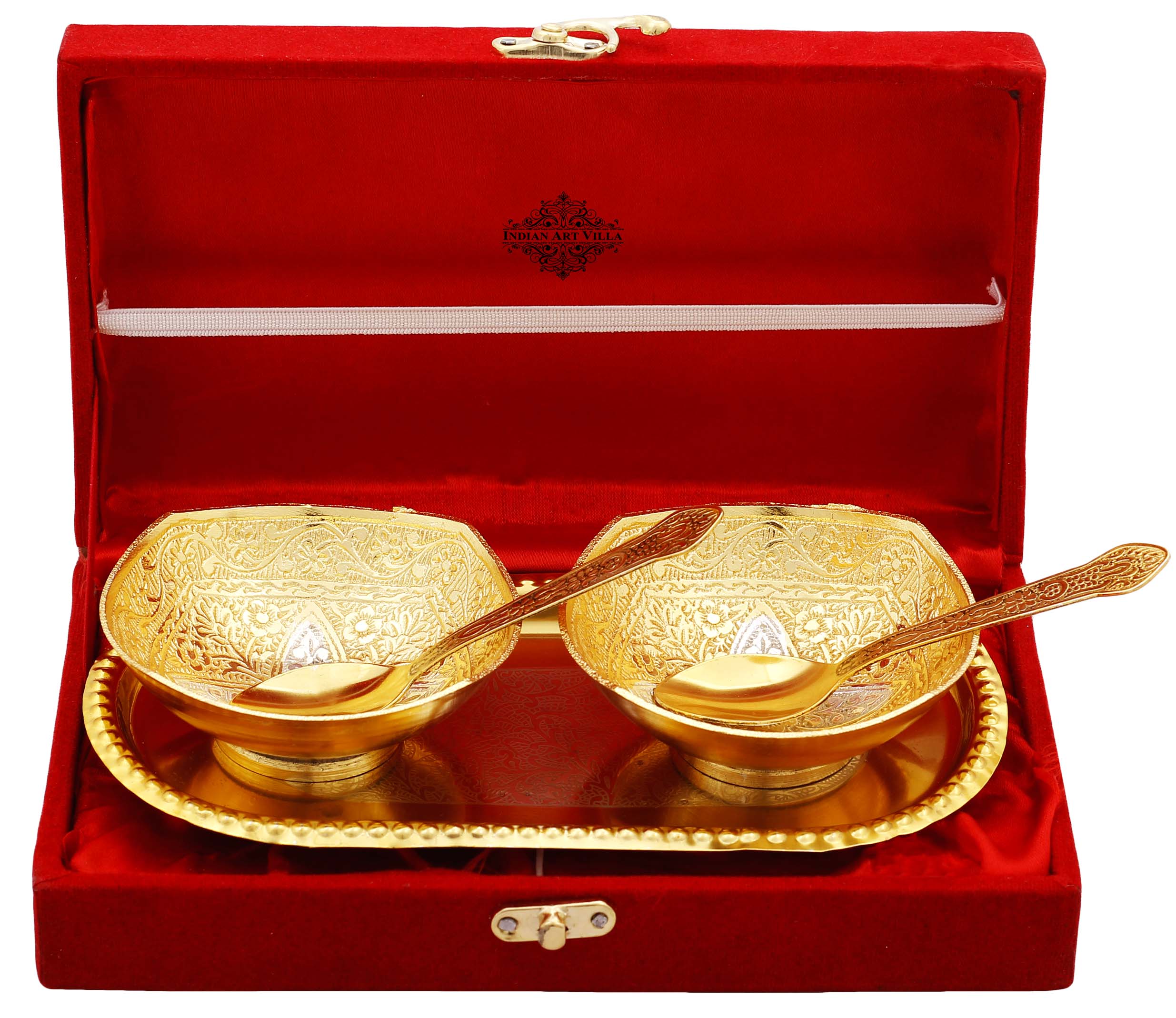 Pure Silver Gold Polished Embossed Flower Design Set of 2 Bowl with 2 Spoon & 1 Tray