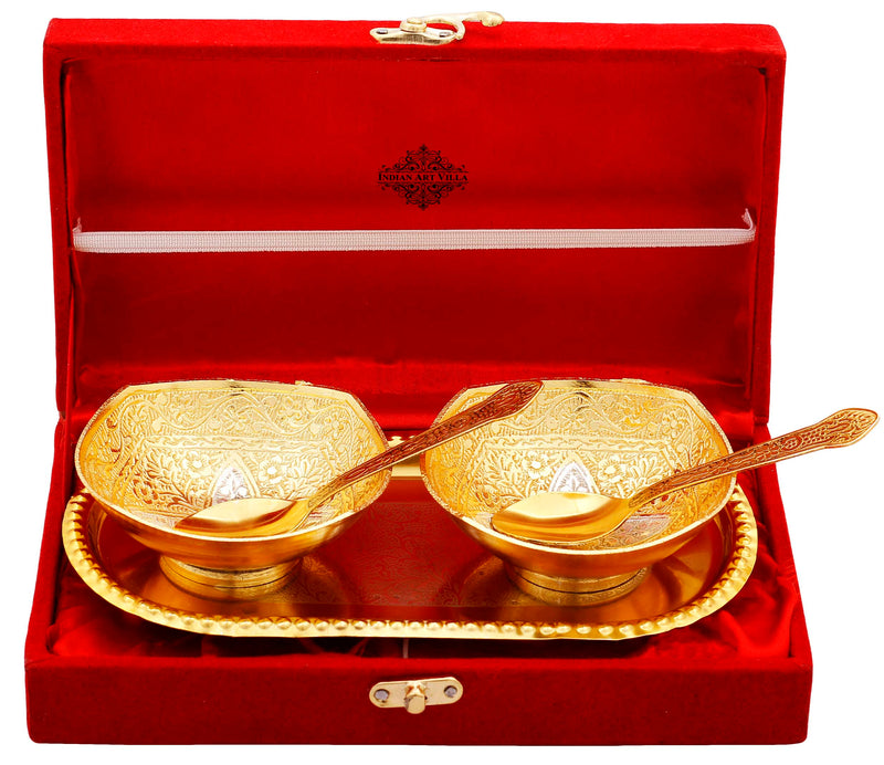 Pure Silver Gold Polished Embossed Flower Design Set of 2 Bowl with 2 Spoon & 1 Tray