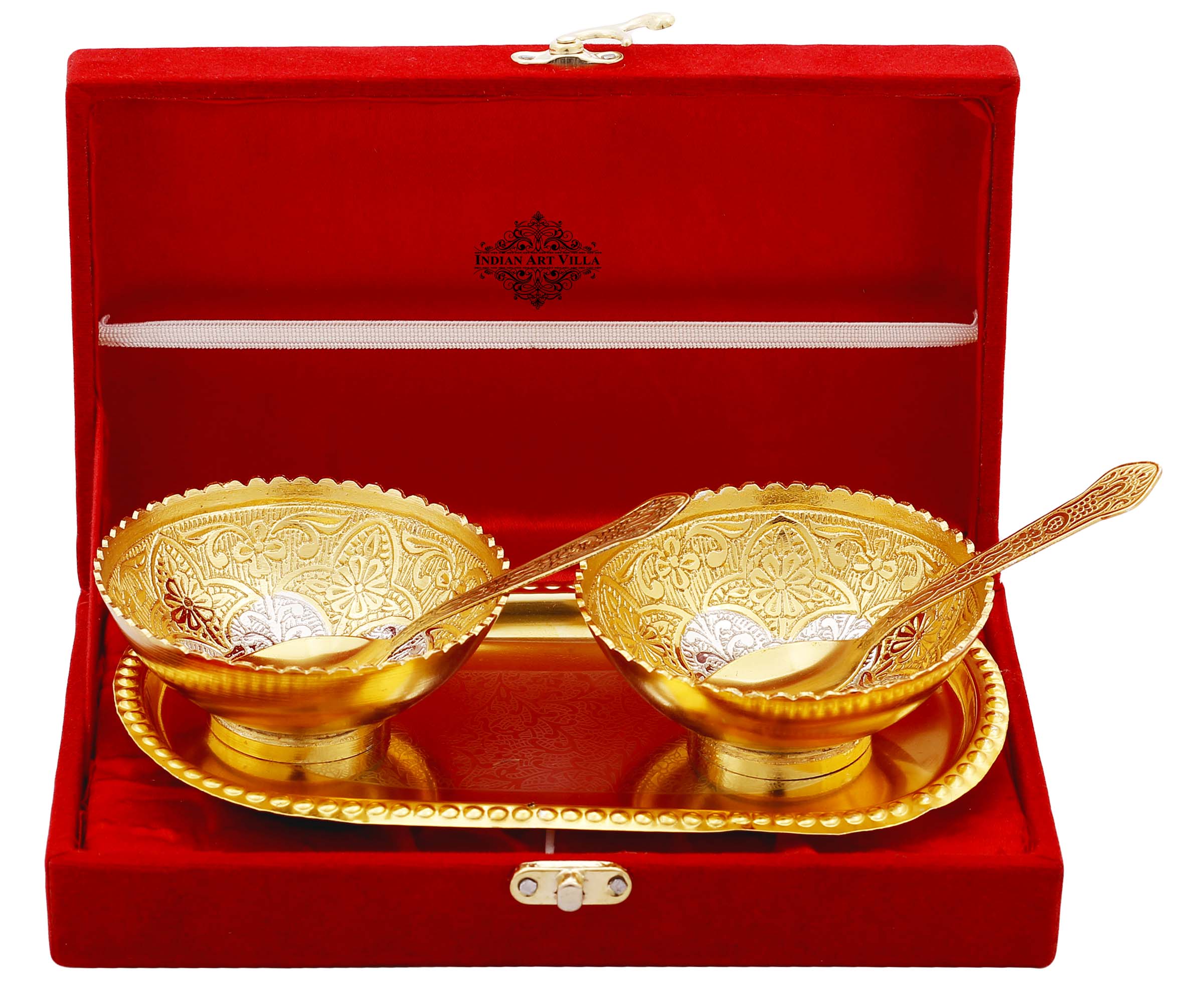 Silver Plated Gold Polished Embossed Flower Design Set of 2 Bowl with 2 Spoon and 1 Tray