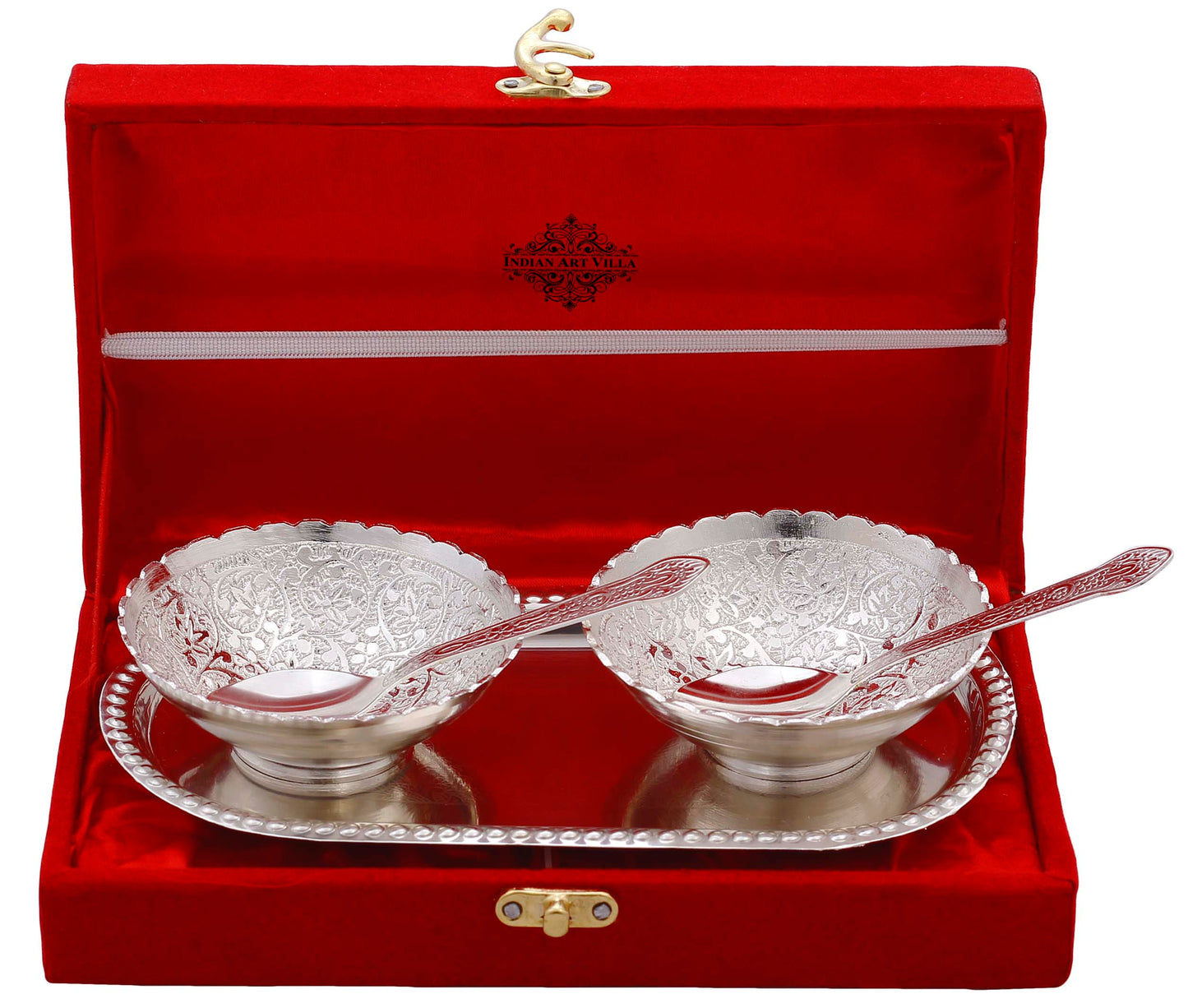 Handcrafted Pure Silver Plated Embossed Flower Design Set of 2 Bowl with 2 Spoon & 1 Tray