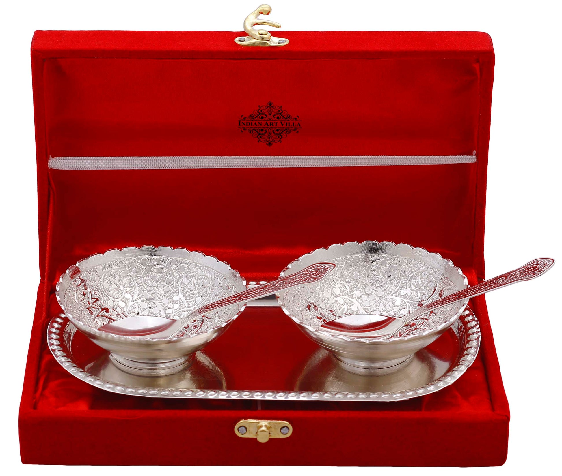 Handcrafted Pure Silver Plated Embossed Flower Design Set of 2 Bowl with 2 Spoon & 1 Tray
