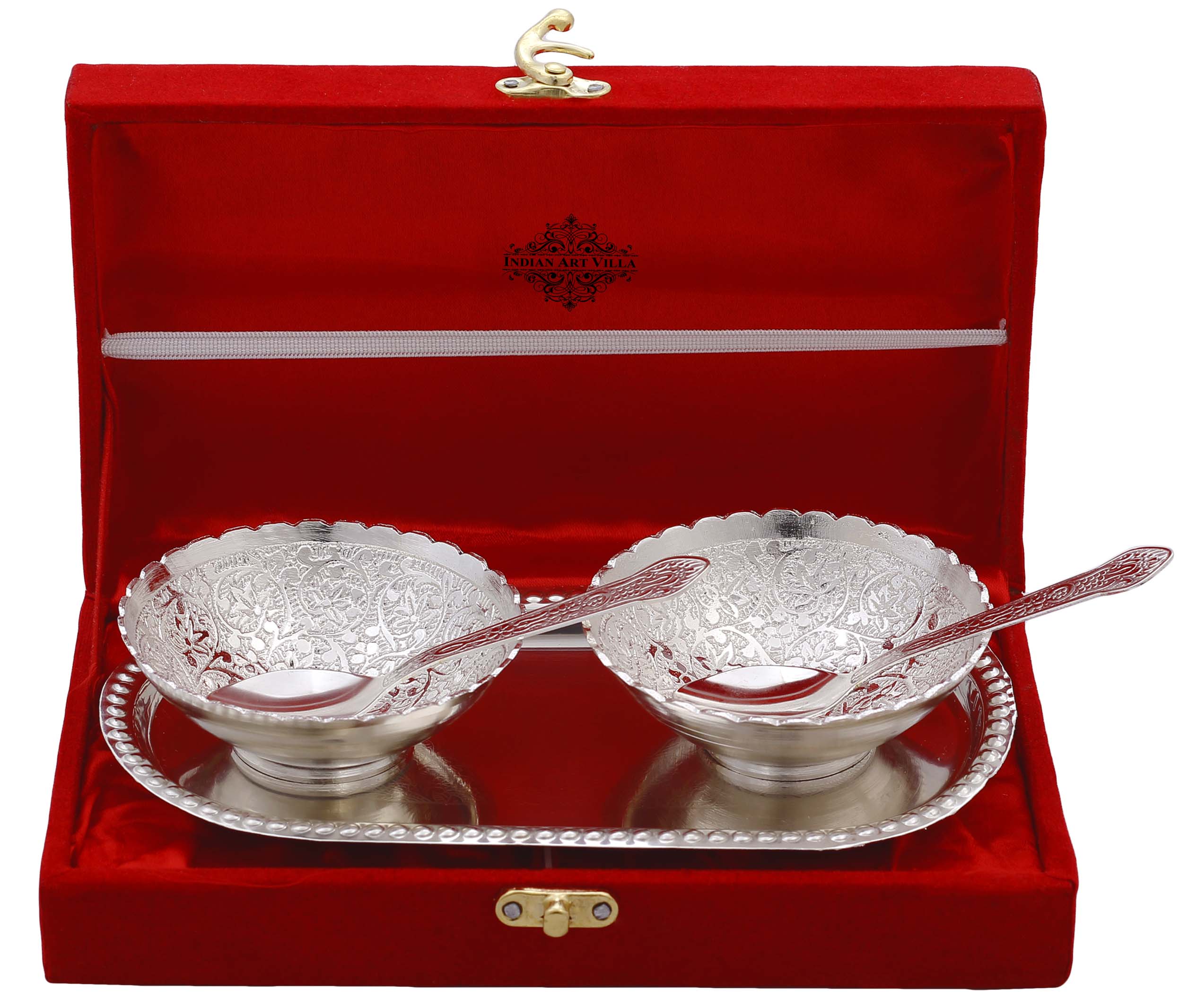 Handcrafted Pure Silver Plated Embossed Flower Design Set of 2 Bowl with 2 Spoon & 1 Tray