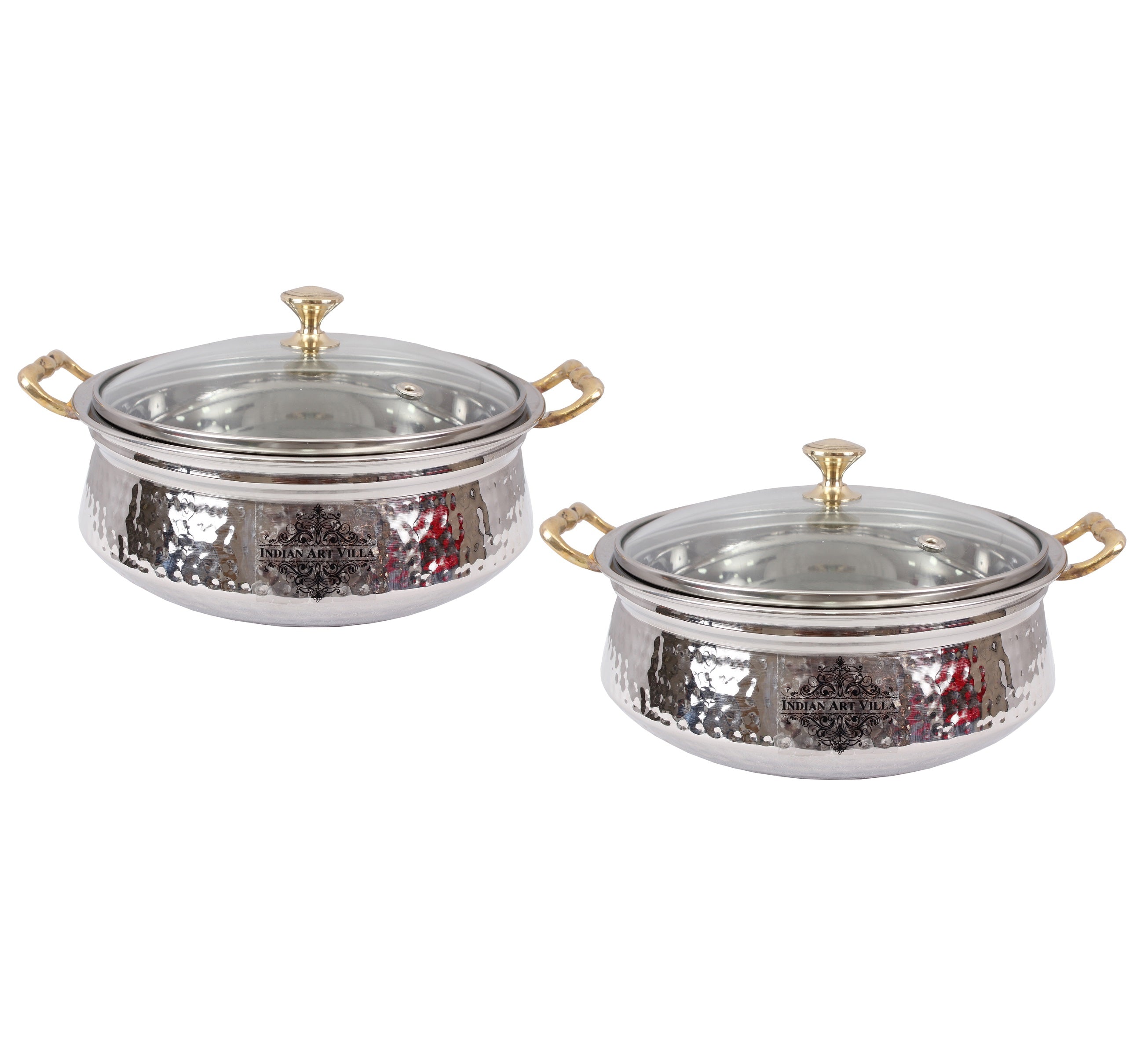 Indian Art Villla Handmade Steel Hammered Design Handi with Glass Lid & Brass Handle or Knob