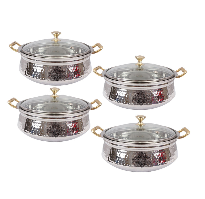 Indian Art Villla Handmade Steel Hammered Design Handi with Glass Lid & Brass Handle or Knob