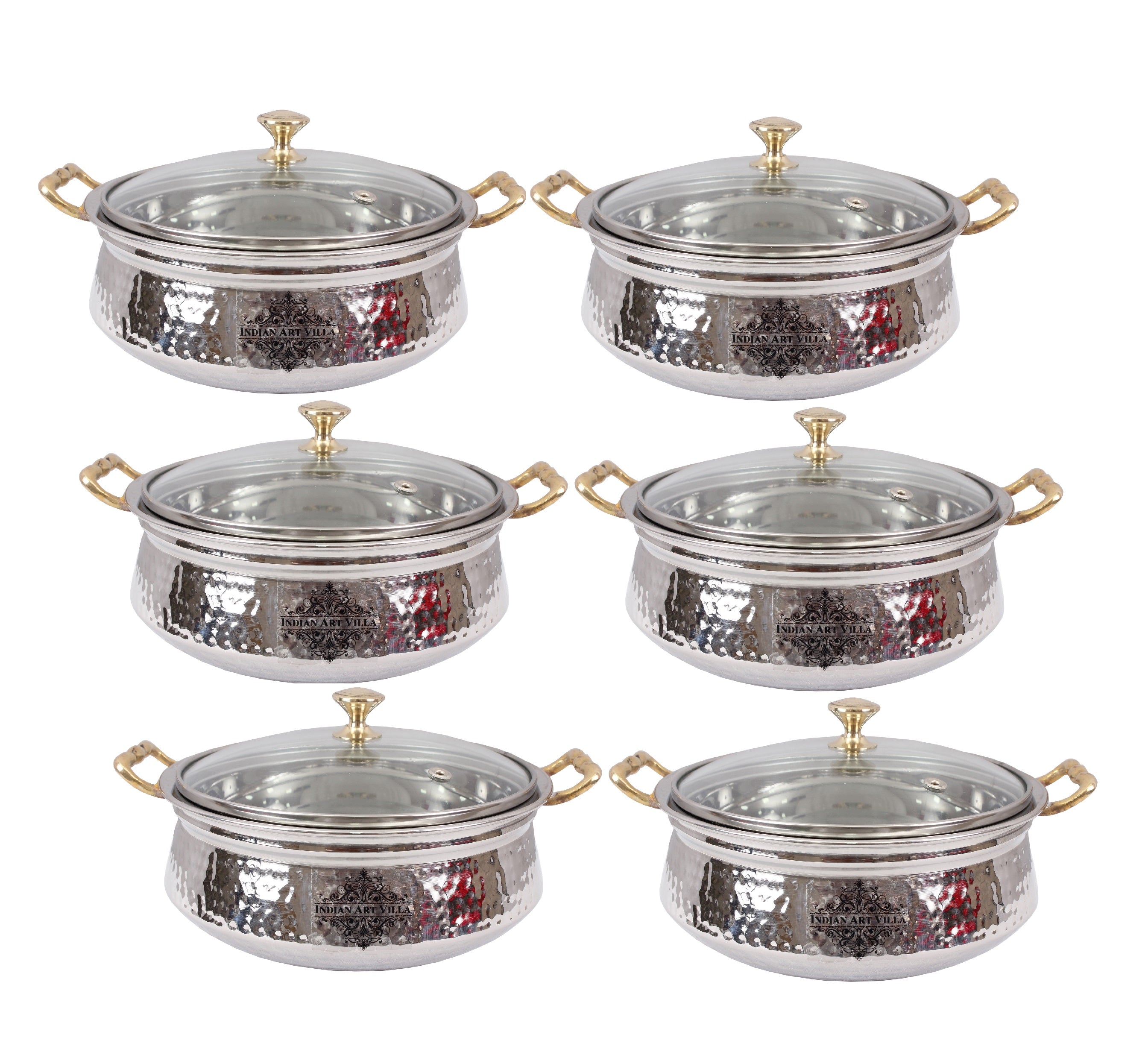 Indian Art Villla Handmade Steel Hammered Design Handi with Glass Lid & Brass Handle or Knob