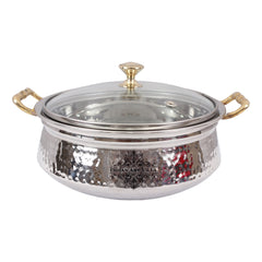 Indian Art Villla Handmade Steel Hammered Design Handi with Glass Lid & Brass Handle or Knob