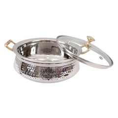 Indian Art Villla Handmade Steel Hammered Design Handi with Glass Lid & Brass Handle or Knob