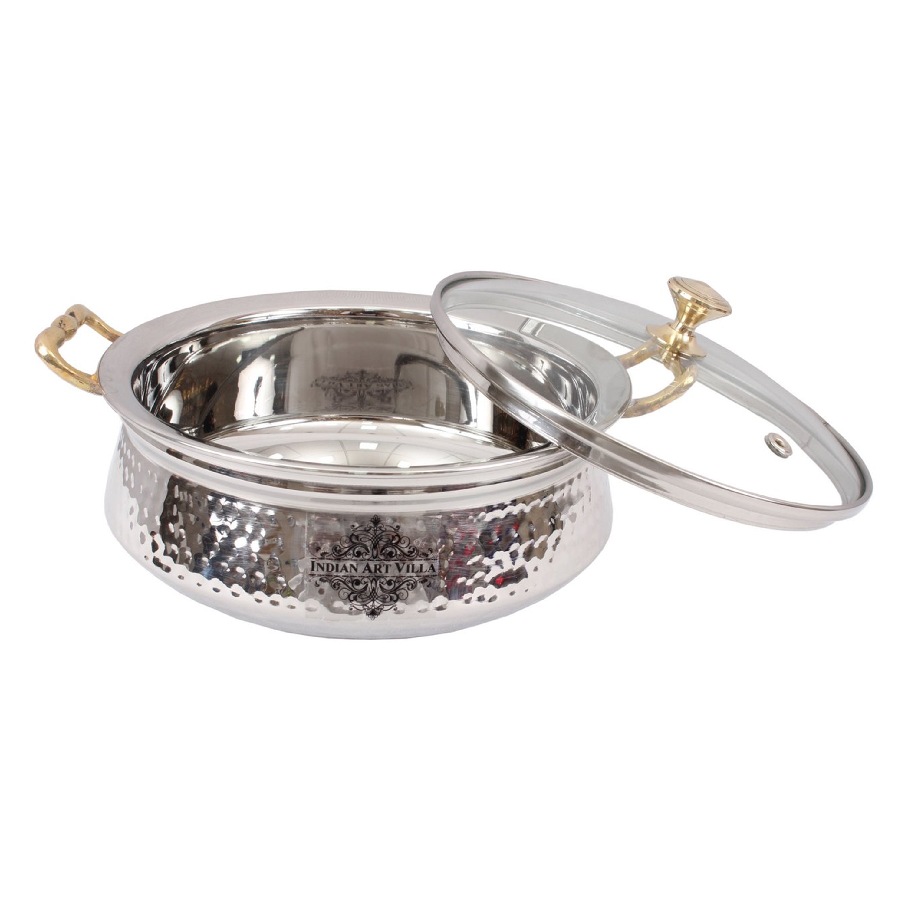 Indian Art Villla Handmade Steel Hammered Design Handi with Glass Lid & Brass Handle or Knob