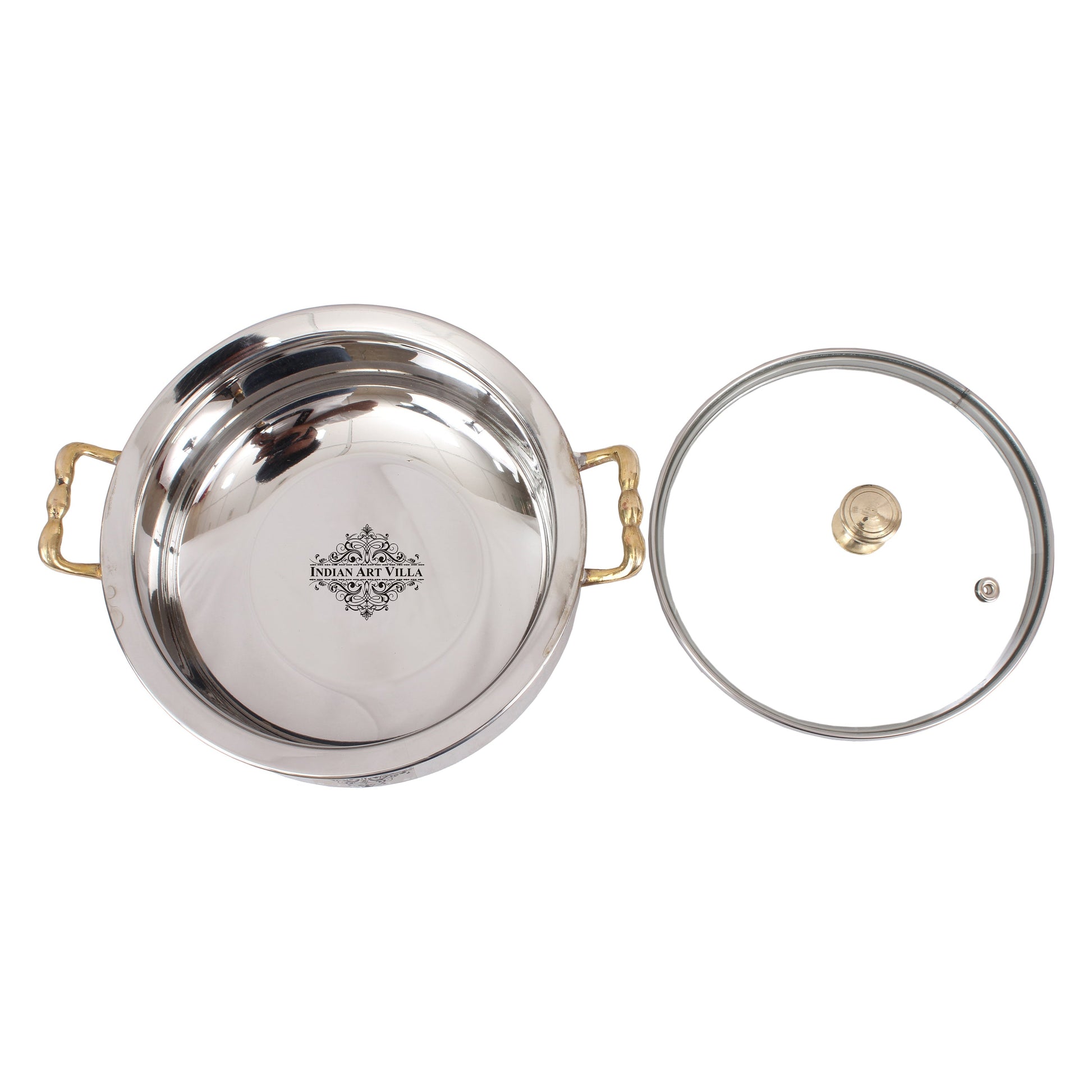 Indian Art Villla Handmade Steel Hammered Design Handi with Glass Lid & Brass Handle or Knob