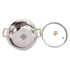 Indian Art Villla Handmade Steel Hammered Design Handi with Glass Lid & Brass Handle or Knob