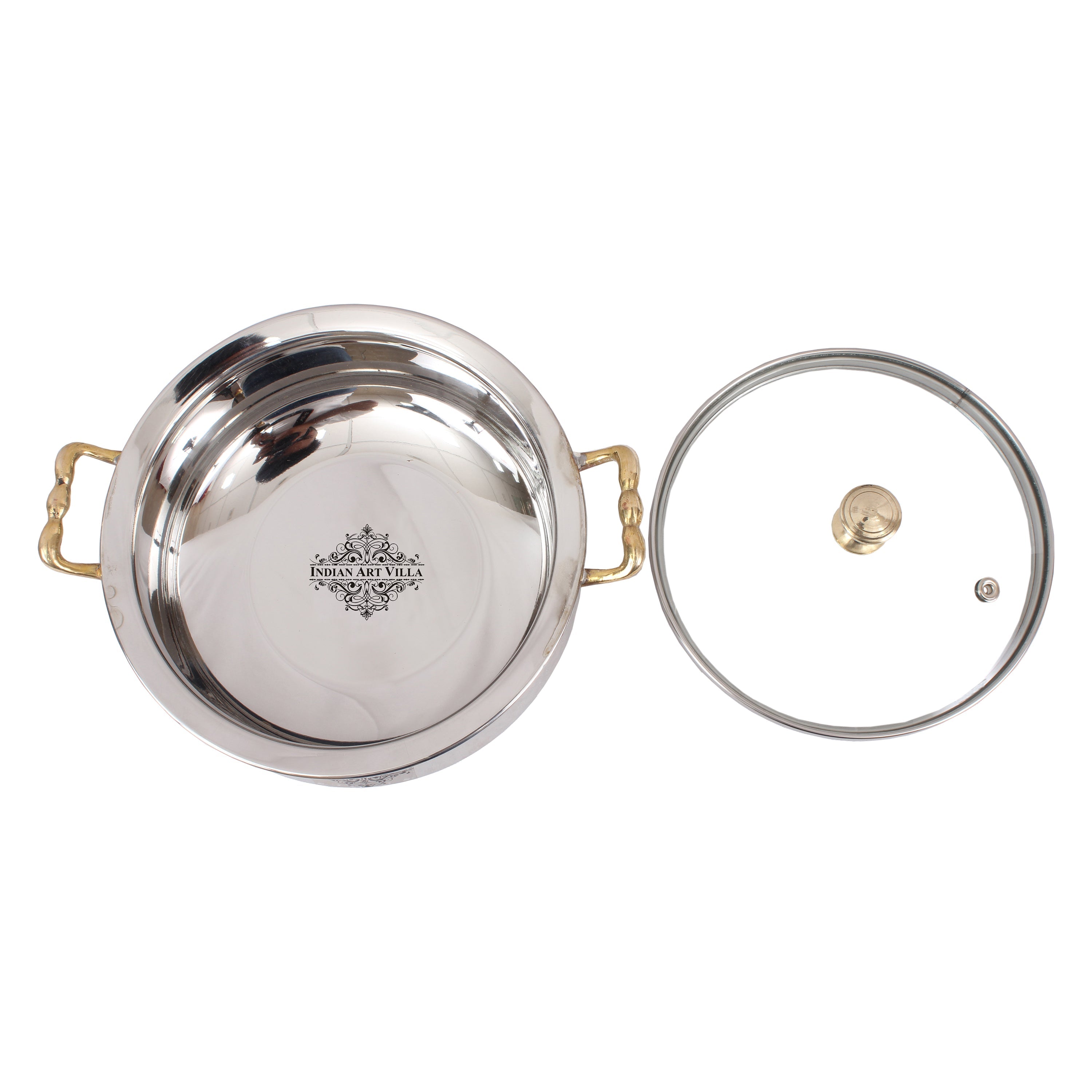 Indian Art Villla Handmade Steel Hammered Design Handi with Glass Lid & Brass Handle or Knob