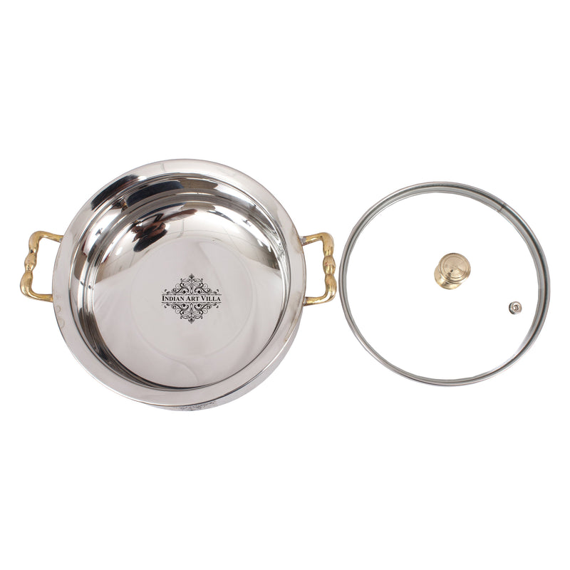 Indian Art Villla Handmade Steel Hammered Design Handi with Glass Lid & Brass Handle or Knob