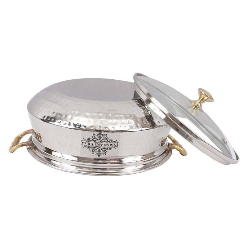 Indian Art Villla Handmade Steel Hammered Design Handi with Glass Lid & Brass Handle or Knob