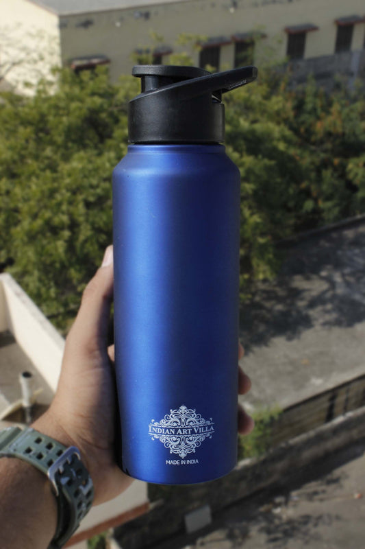 Steel Flat  Bottle With Sipper Cap Blue Matt 750 ML