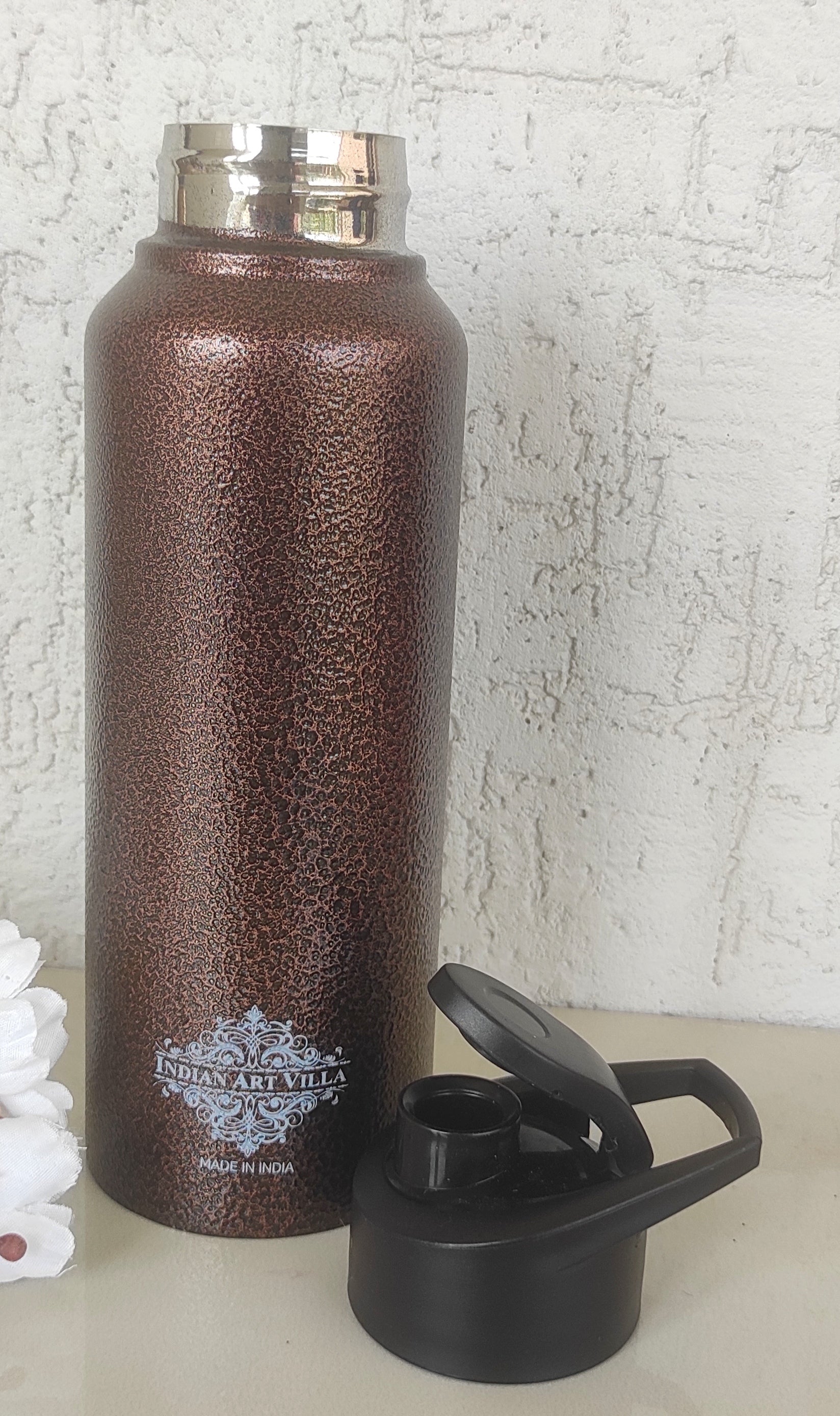 Handcrafted Pure Steel Flat Bottle with Sipper Cap Antique Copper, Drinkware, 1000ml