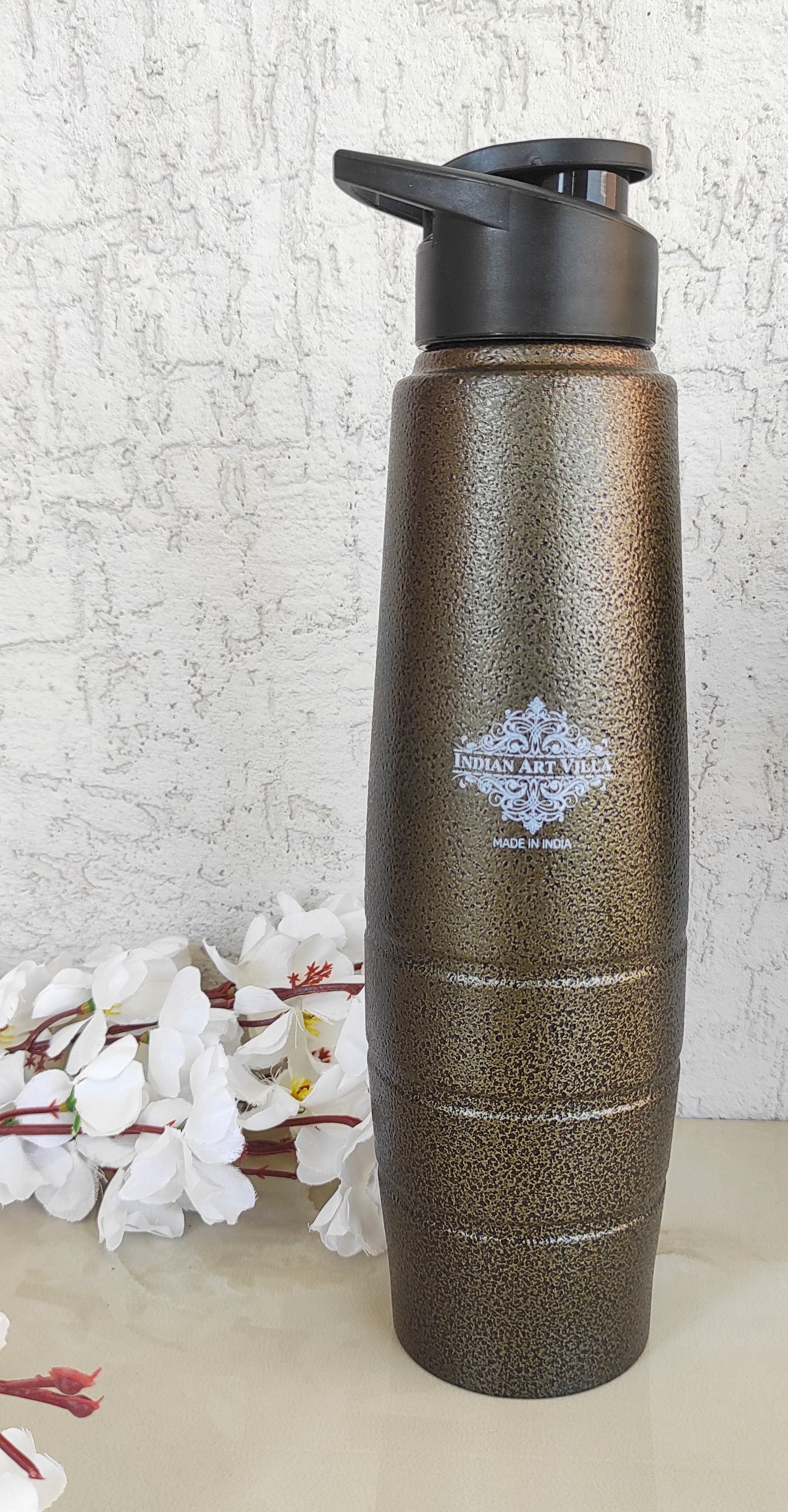 Stainless Steel Bottle Curve & Lining Design With Sipper Cap, Color-Antique Copper, Volume-1000 ML