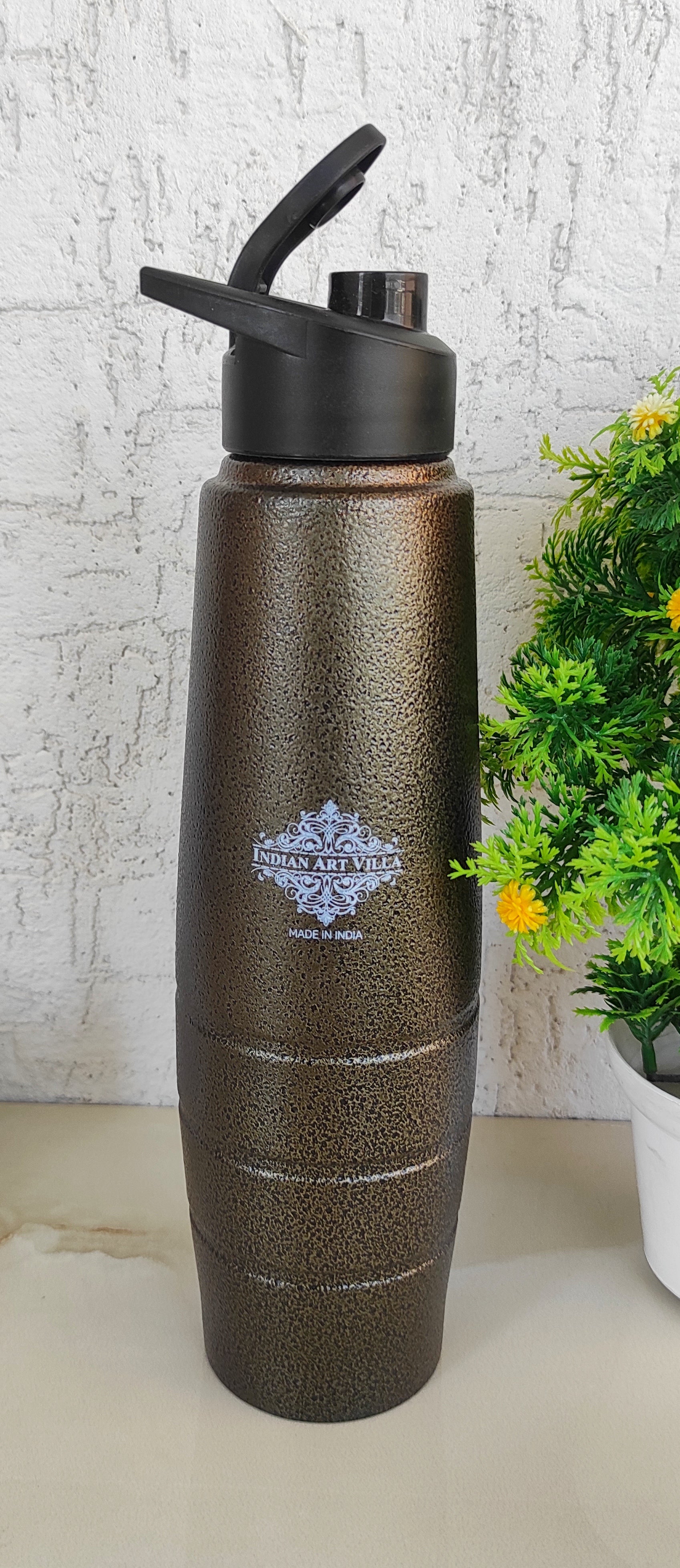 Stainless Steel Bottle Curve & Lining Design With Sipper Cap, Color-Antique Copper, Volume-1000 ML